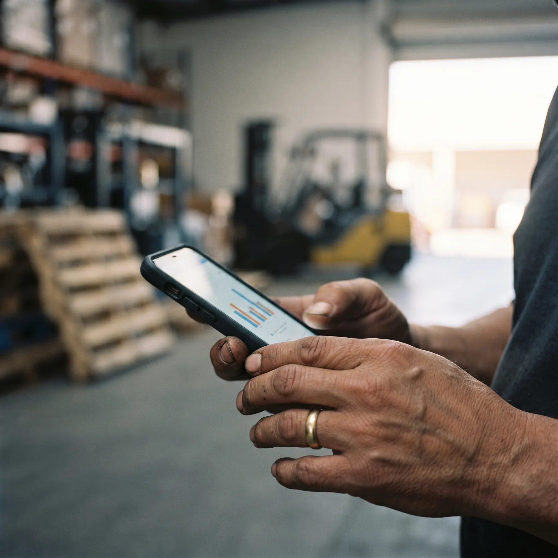 Dueño de negocio revisando anuncios en su celular dentro de su bodega