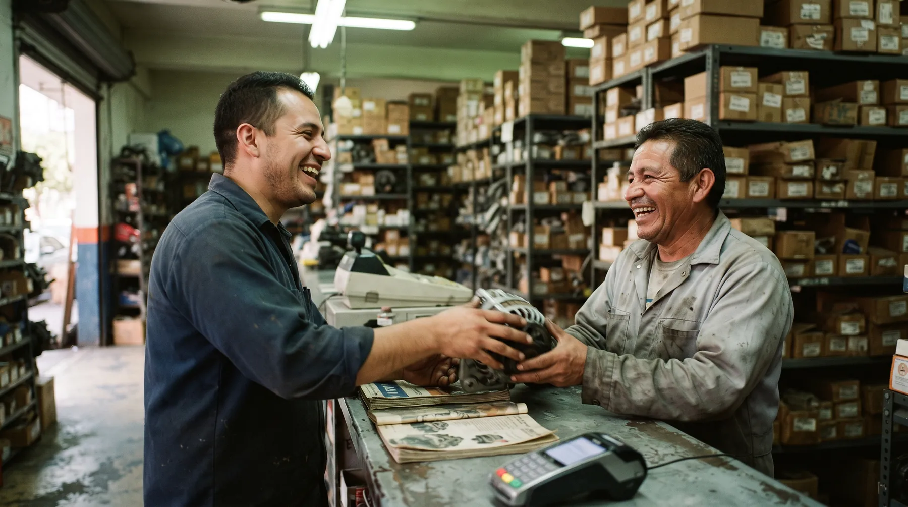 Vendedor atendiendo a un cliente en el mostrador de una refaccionaria