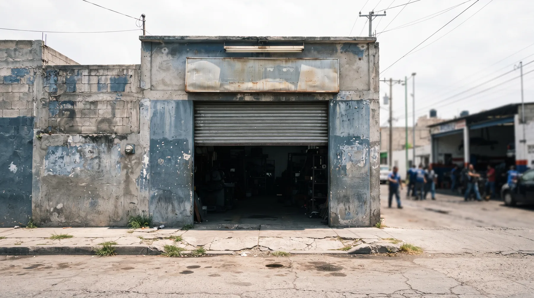 Local industrial con la cortina a medio abrir y sin clientes