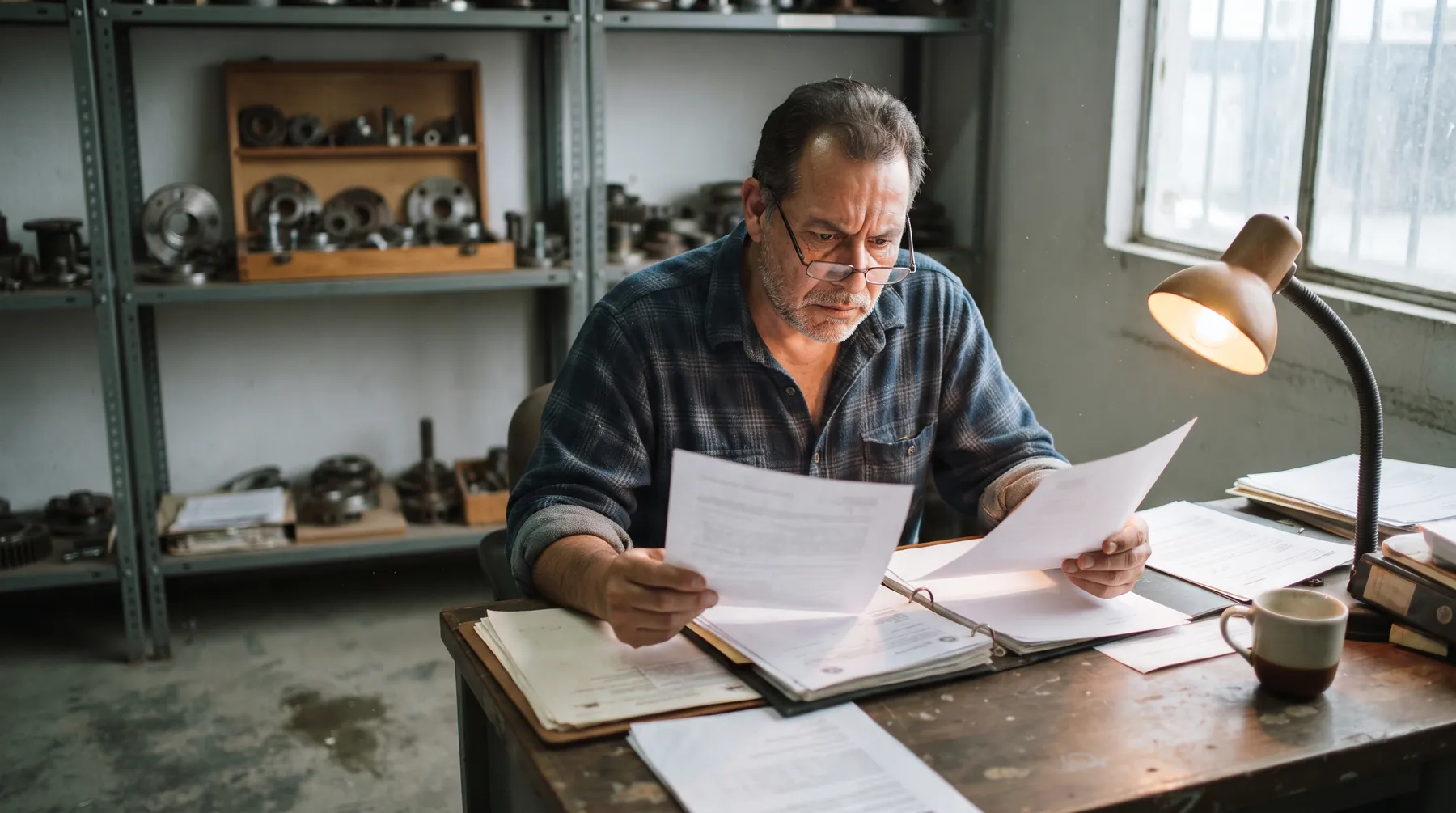 Dueño de empresa revisando propuestas de agencias en su escritorio