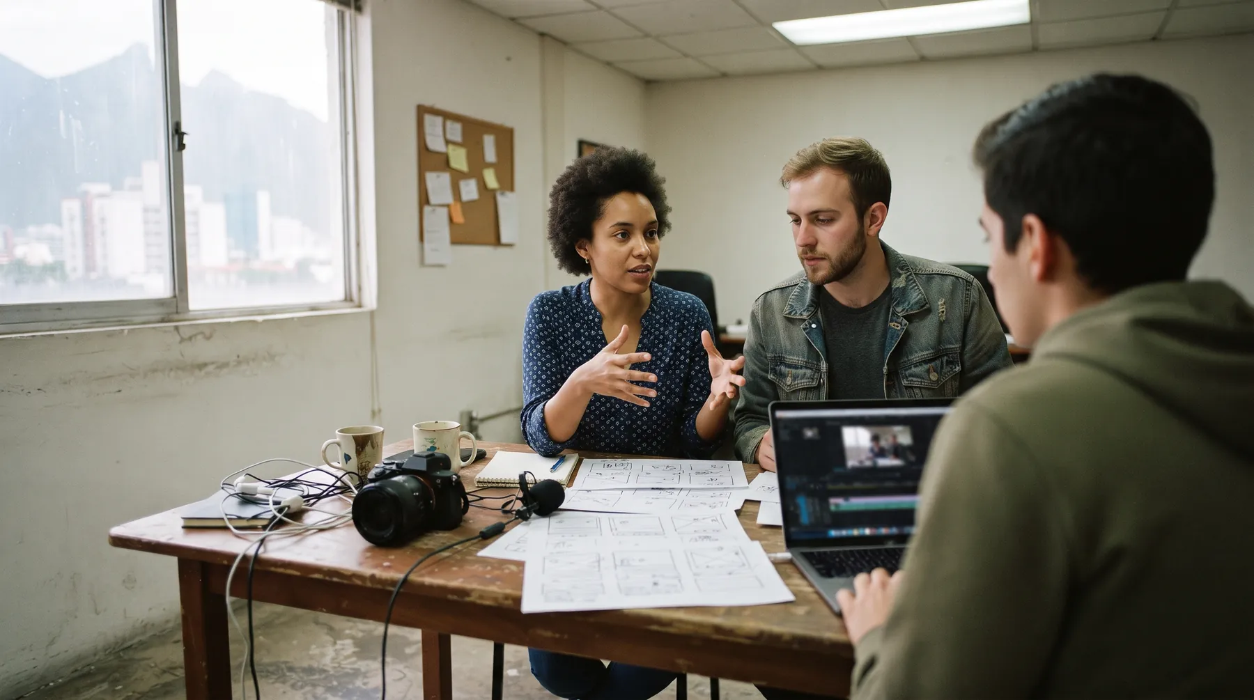 Equipo pequeño de marketing planeando en una mesa de trabajo