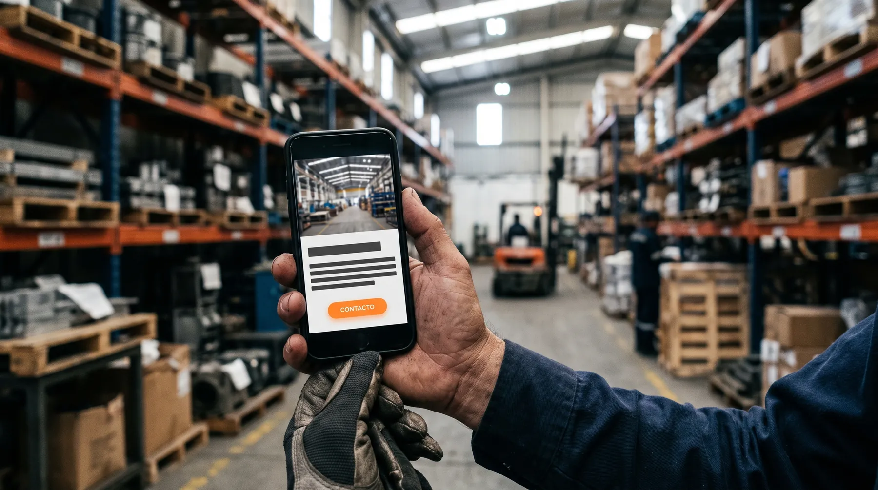 Página web de una empresa industrial vista en el celular dentro de la planta