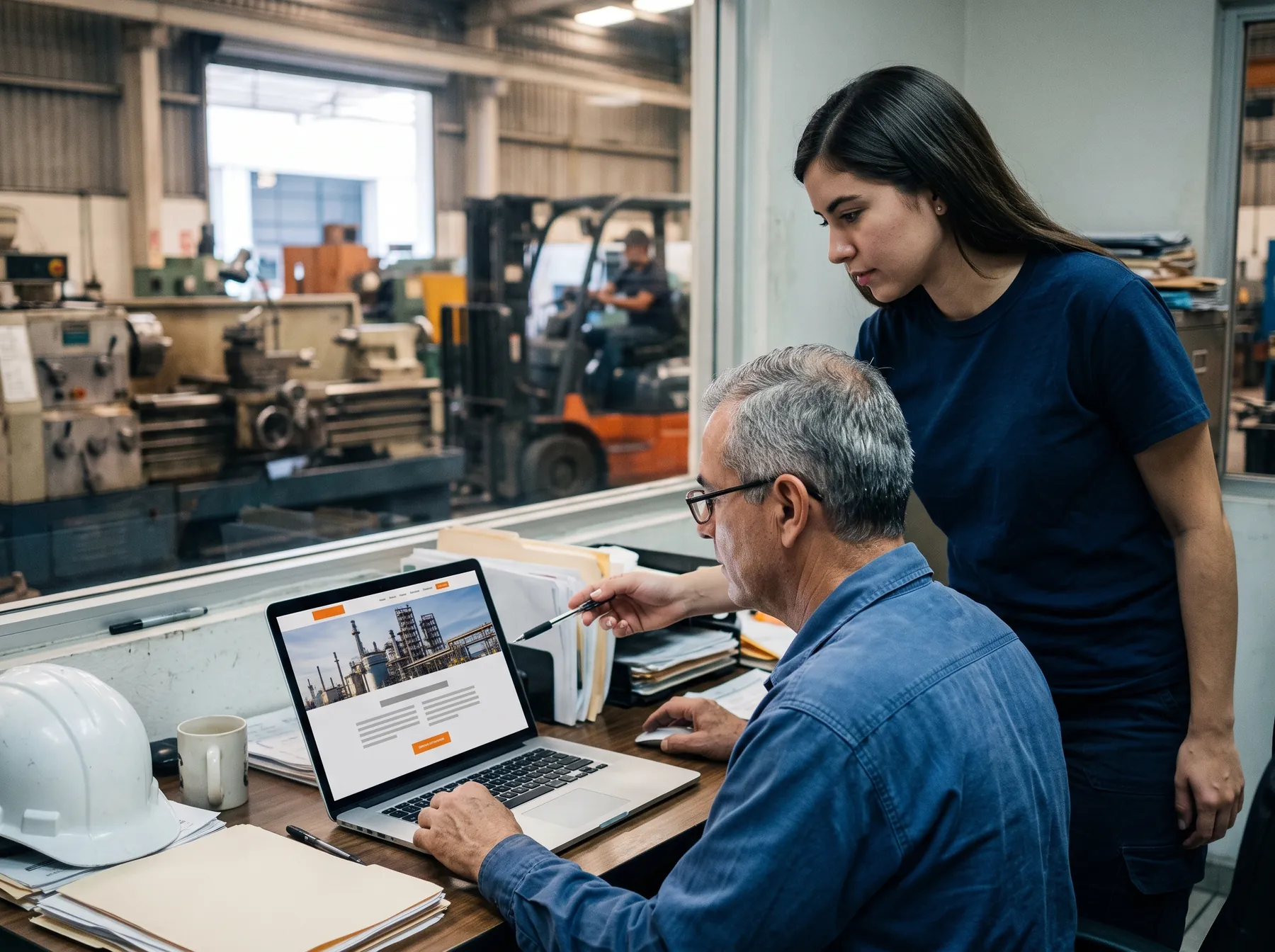 Dueño de una empresa industrial revisando su nueva página web en una laptop dentro de su planta