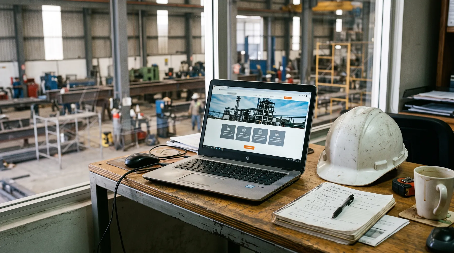 Página web completa de una empresa industrial abierta en una laptop