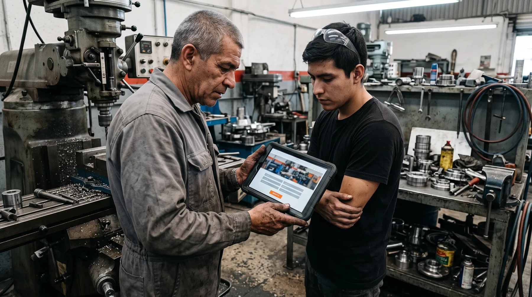 Dueño de un taller metalúrgico mostrando su página web con botón de WhatsApp en una tablet