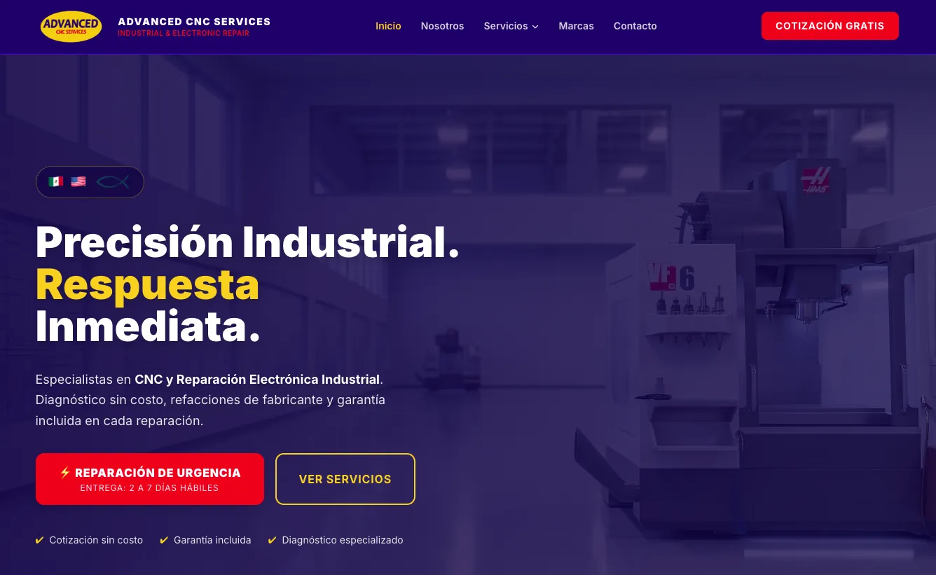 Página de inicio de Advanced CNC Services: precisión industrial y respuesta inmediata