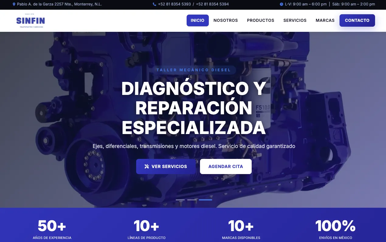 Página web de SinFin Tractopartes: diagnóstico y reparación especializada